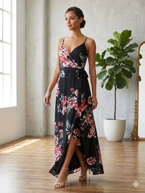 Lulu's Black Maxi Dress with Pink Floral Print size S
